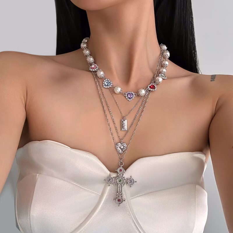 Cross-border European and American style long design sense cross French necklace women's love beaded niche pendant necklace - Image 4