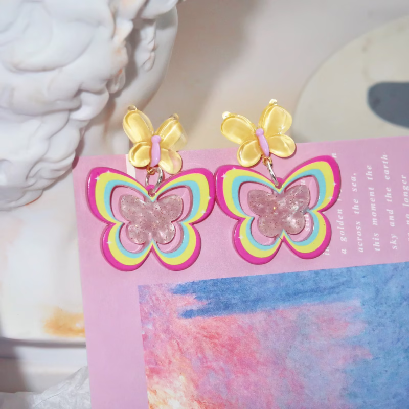 personality hot girl colorful butterfly acrylic earrings 25 needle silver rainbow earrings