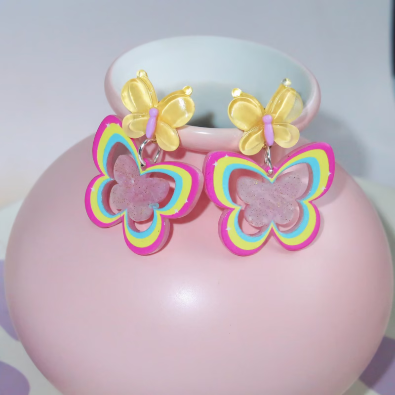 personality hot girl colorful butterfly acrylic earrings 25 needle silver rainbow earrings - Image 6