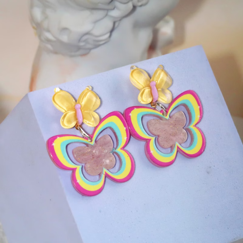 personality hot girl colorful butterfly acrylic earrings 25 needle silver rainbow earrings - Image 4