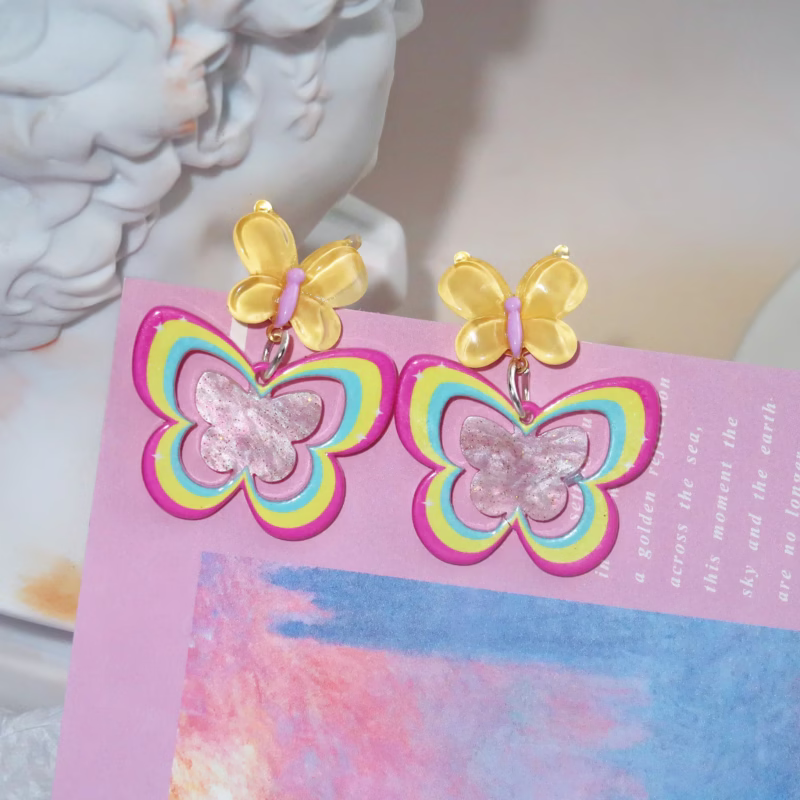 personality hot girl colorful butterfly acrylic earrings 25 needle silver rainbow earrings - Image 3