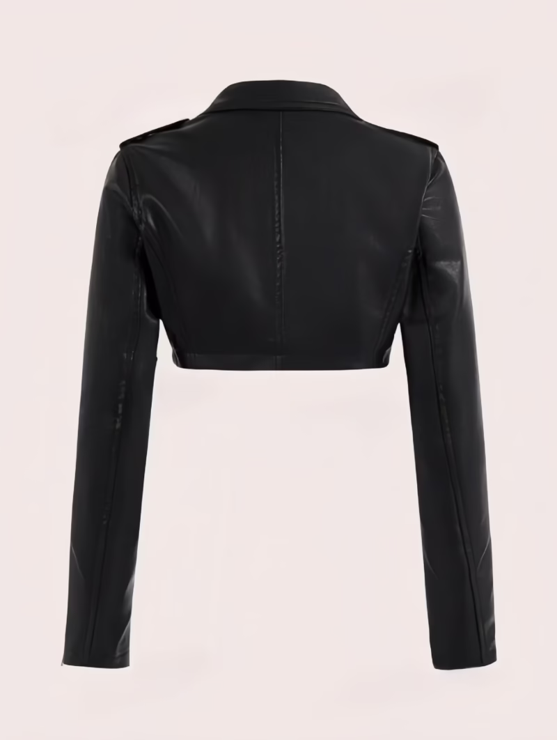 Millard solid color lapel hot girl slim jacket 2024 autumn new motorcycle style short long-sleeved leather jacket - Image 4