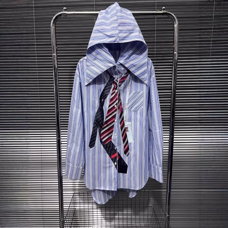 2025 Spring American College Style Hooded Shirt Women's T-shirt Printed Blue Striped Shirt Jacket Loose Top