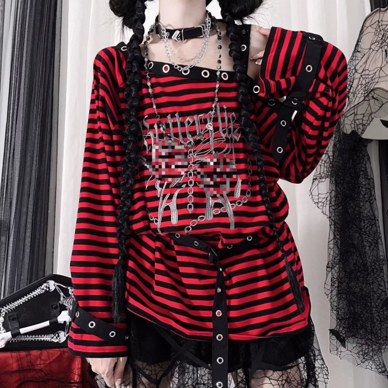 Rabbit Assassin Virtual Butterfly Asian Culture Hot Girl Punk Loose Of-the-shoulder Embroidery Black and Red Striped Early Autumn Long-sleeved Top - Image 7