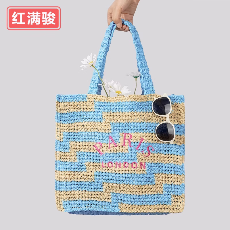 Hand-embroidered letter woven bag women's niche color contrast paper shoulder bag hand-carrying summer seaside vacation handbag - Image 2