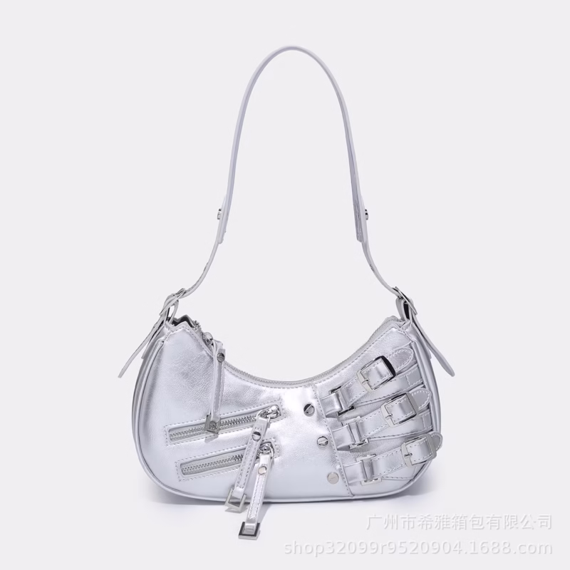 New retro hot girl Y2K motorcycle bag multi-pin buckle strap design one shoulder adjustable shoulder strap crescent HOB - Image 5