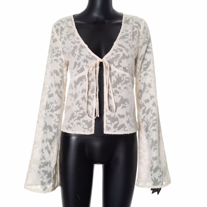 Sanhu Lianjiang H24TP139 European and American women's lace stitching trumpet sleeve lace sexy perspective short cardigan wholesale - Image 3
