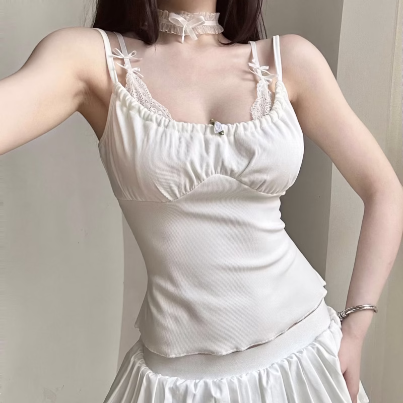 Simple style lace bow stitching sexy camisole small vest women's summer 2024 american slim fit new top - Image 9