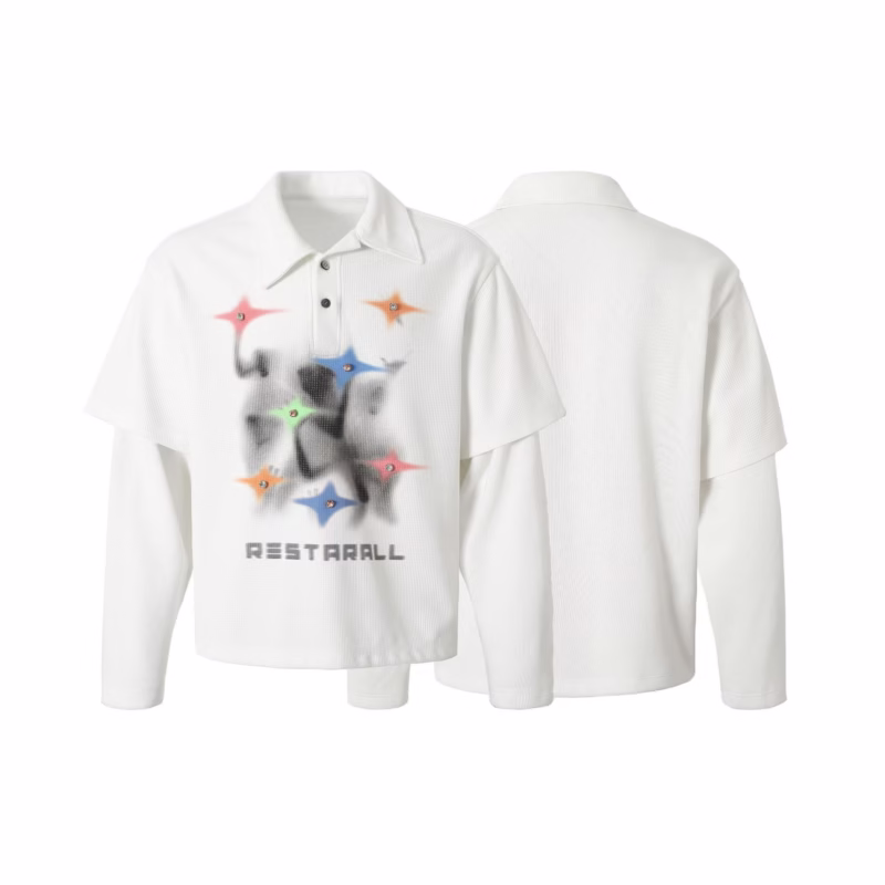 EONMODISH Men's Wear|2024 Autumn New Arrivals Real Shot American Street Tide Starlight Shout Fake Two Long Sleeve T-shirts - Image 5