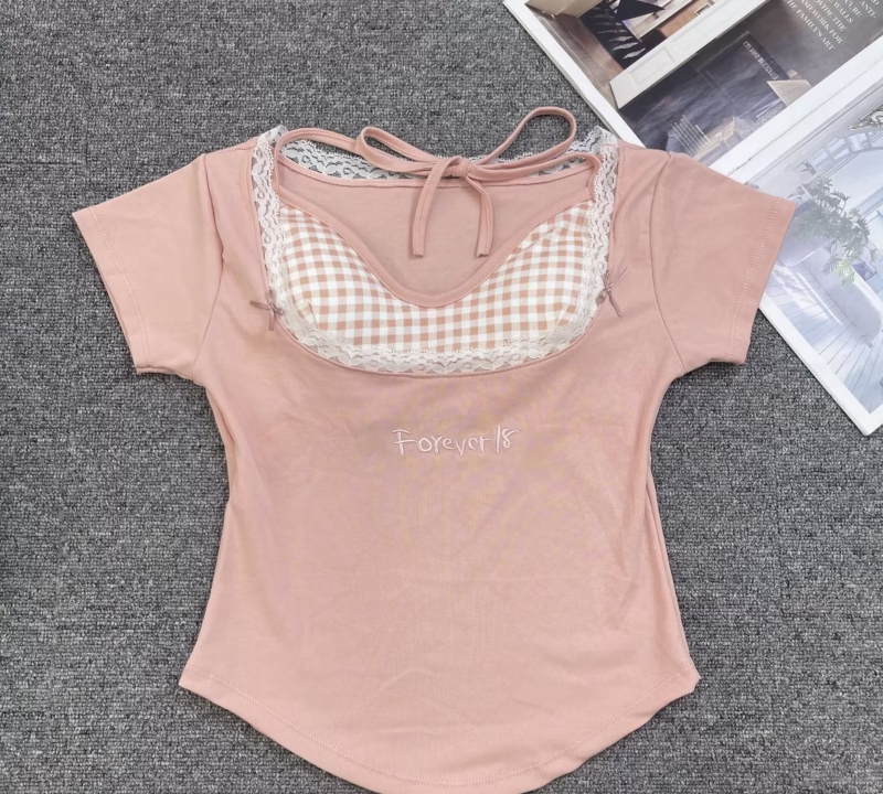 Internet celebrity hot girl lace plaid fake two-piece corset, short sleeve women's underwear, check, contrasting hot girl top - Image 3
