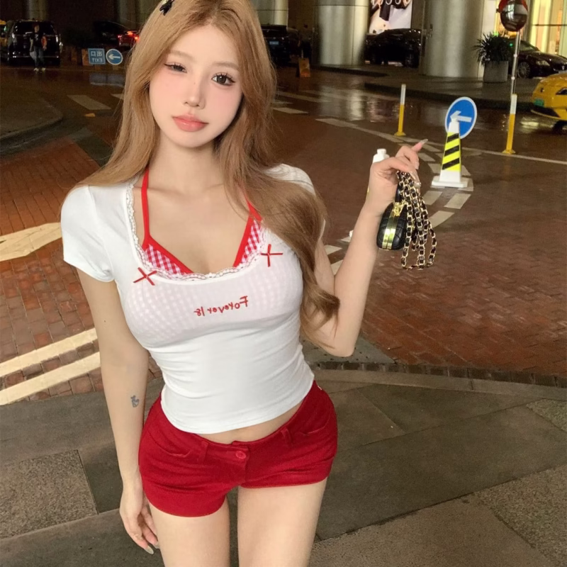 Internet celebrity hot girl lace plaid fake two-piece corset, short sleeve women's underwear, check, contrasting hot girl top - Image 8