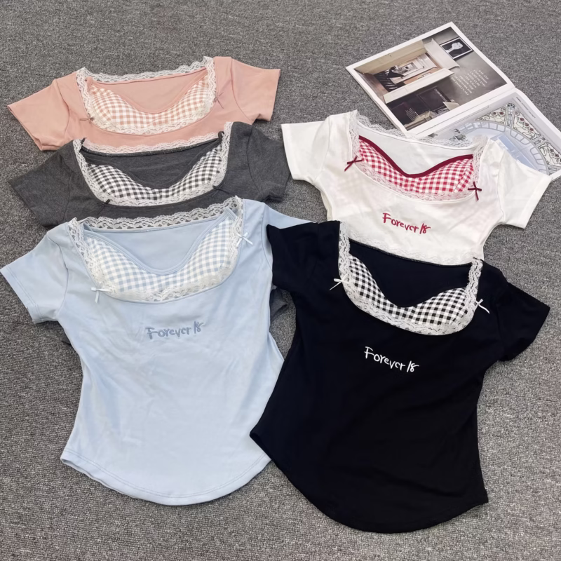 Internet celebrity hot girl lace plaid fake two-piece corset, short sleeve women's underwear, check, contrasting hot girl top