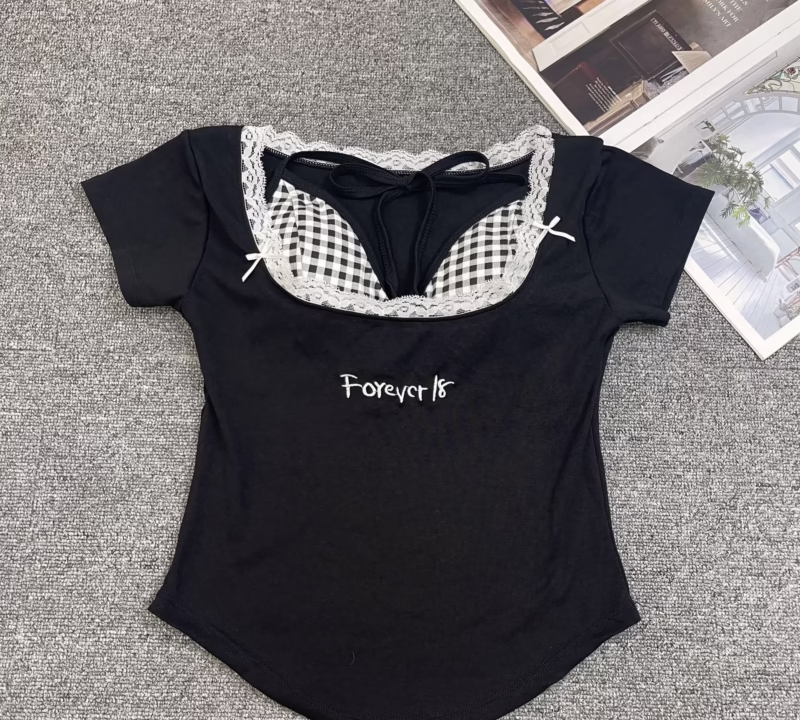 Internet celebrity hot girl lace plaid fake two-piece corset, short sleeve women's underwear, check, contrasting hot girl top - Image 6