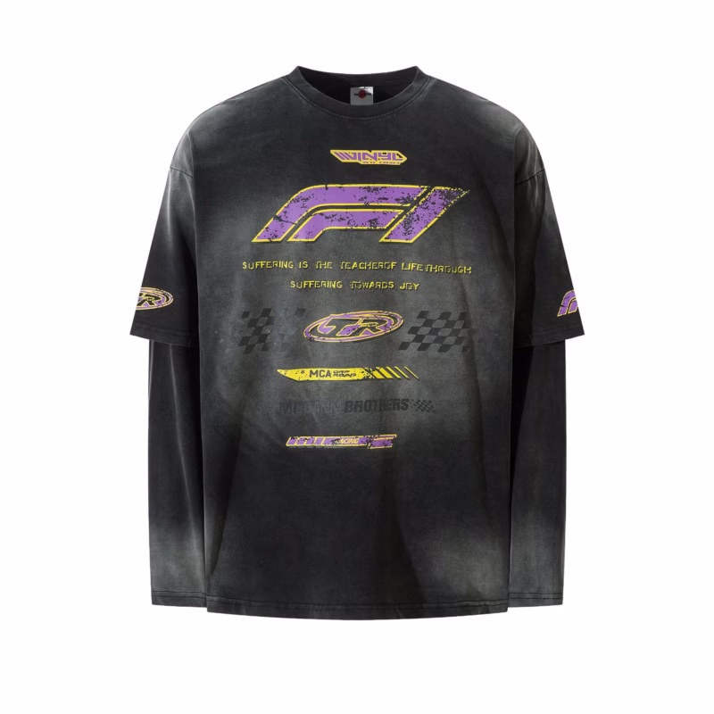 EON MODISH men's clothing 2024 autumn new products real shot American street trend washed fake two-piece long-sleeved T-shirt - Image 6