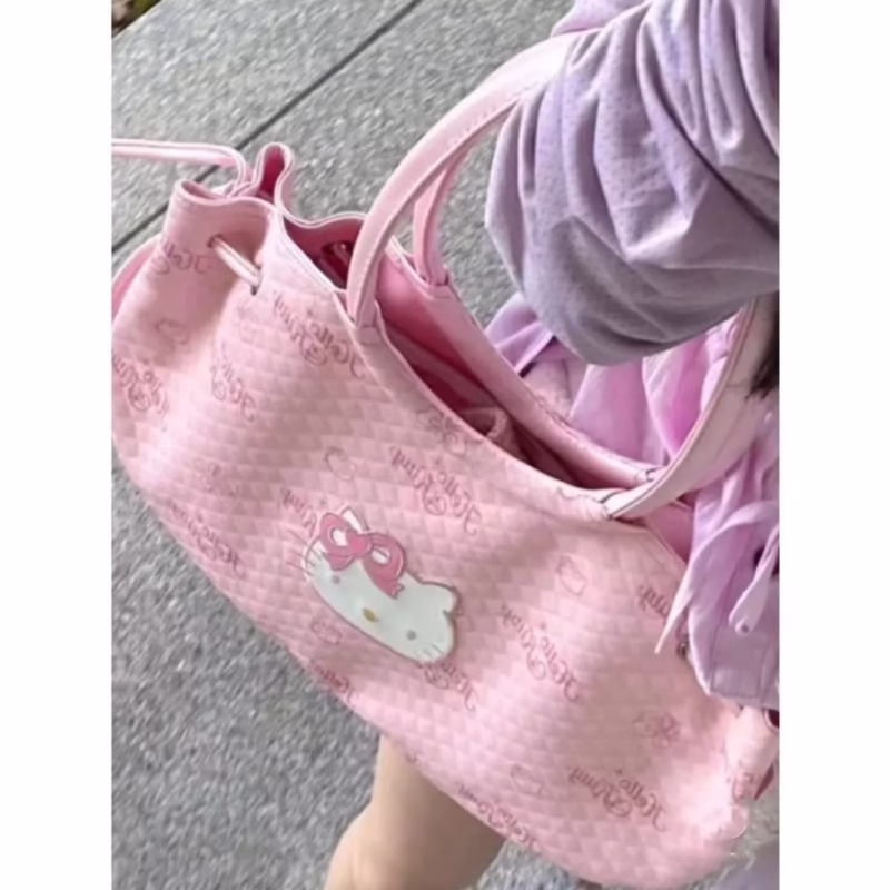 Used Hello Kitty Tote Bag Cute Sweet Girl Soft Leather Shoulder Handbag Women Large Capacity Travel Bag