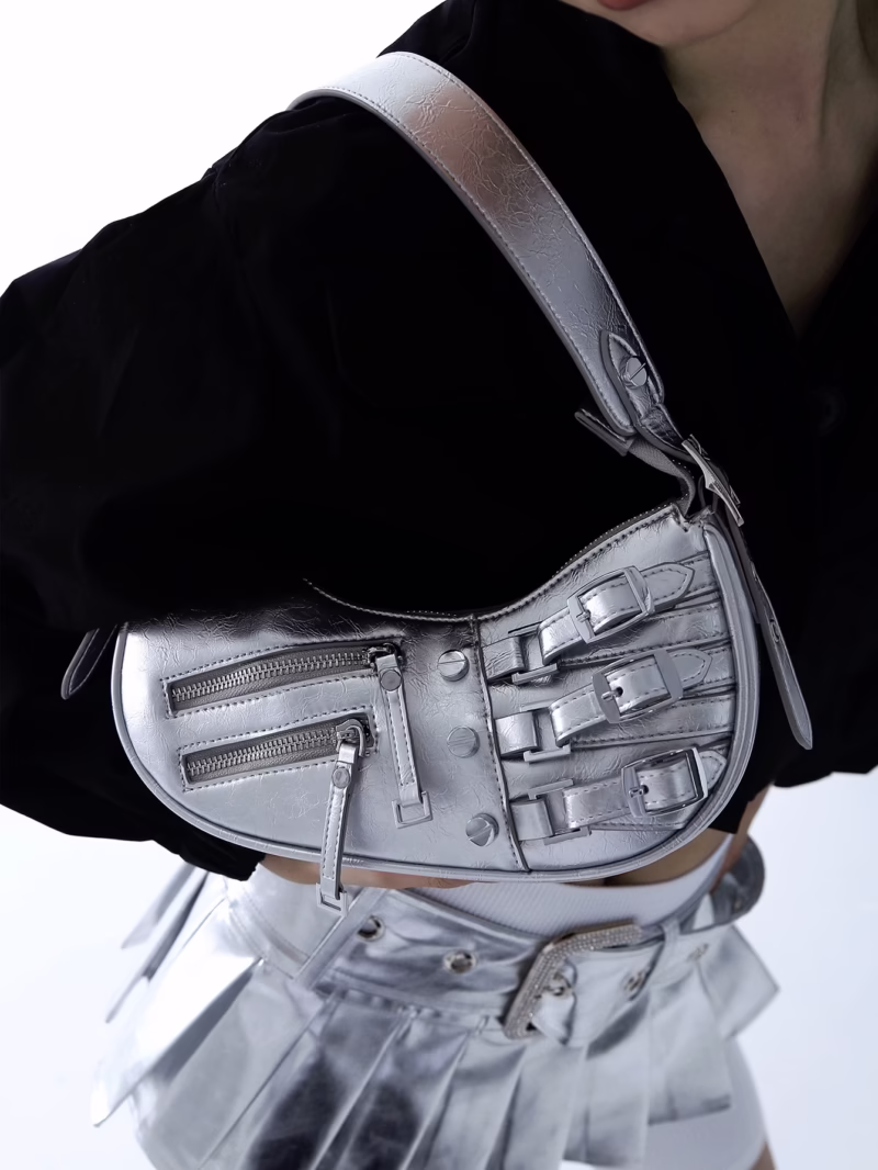New retro hot girl Y2K motorcycle bag multi-pin buckle strap design one shoulder adjustable shoulder strap crescent HOB