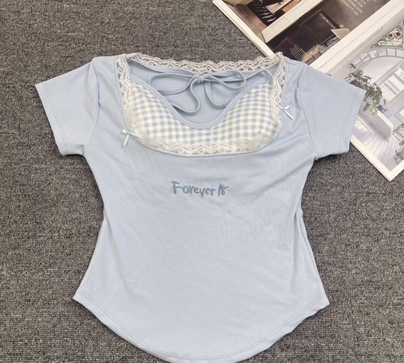 Internet celebrity hot girl lace plaid fake two-piece corset, short sleeve women's underwear, check, contrasting hot girl top - Image 7